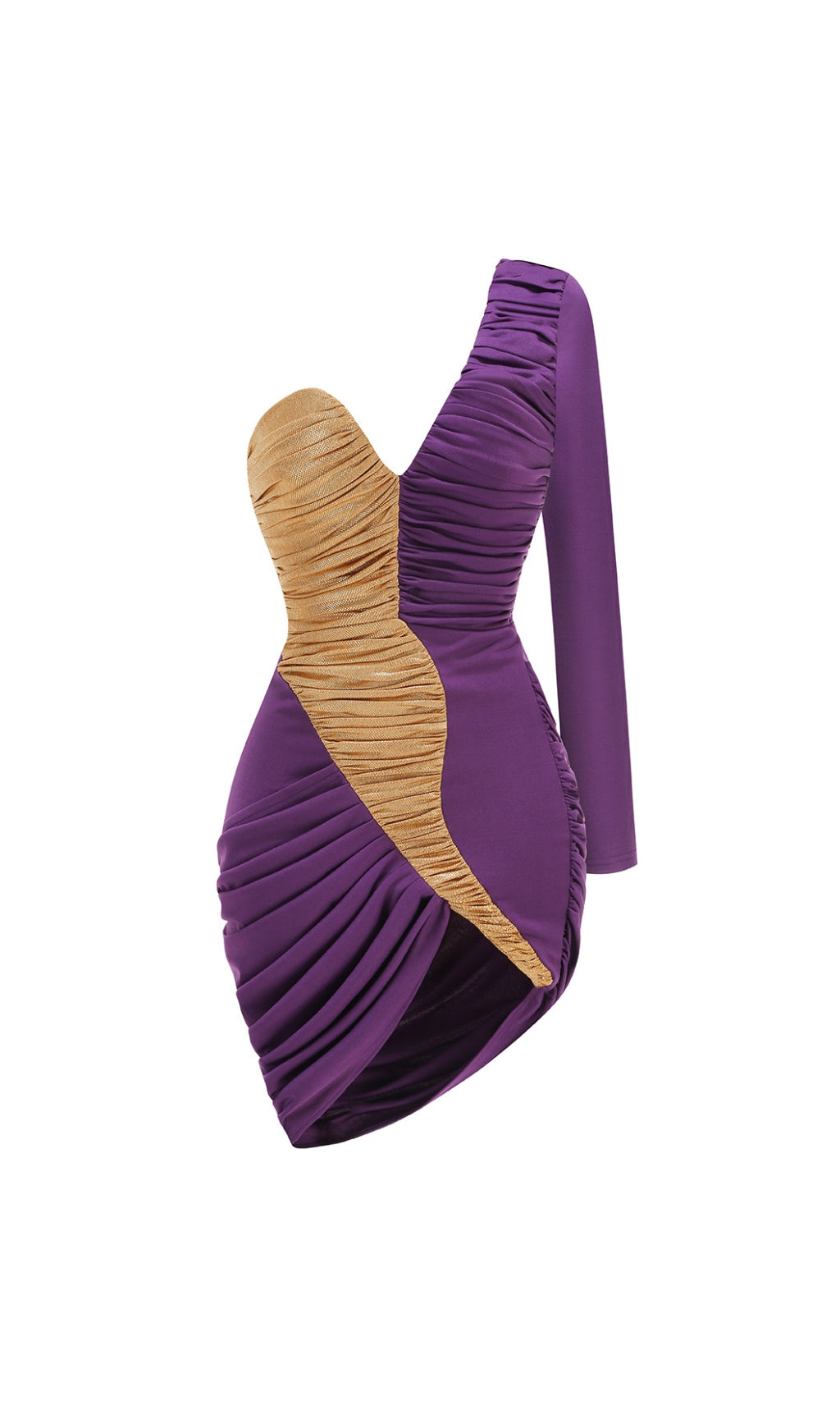 Caylin Purple & Gold Ruched One-Shoulder Mini Dress