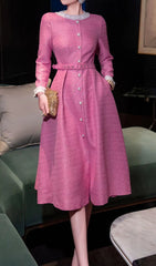 Chic Pink Sparkle Tweed Long Sleeve Belted Midi Dress