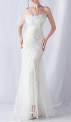 Choire White Sequin Feather Mermaid Maxi Gown