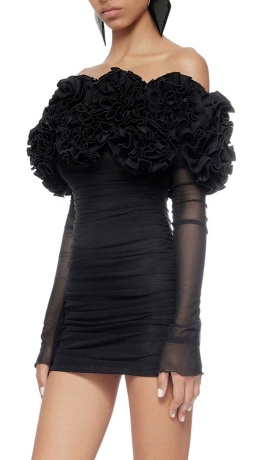 Bard Black Off-Shoulder Floral Ruffle Mesh Mini Dress