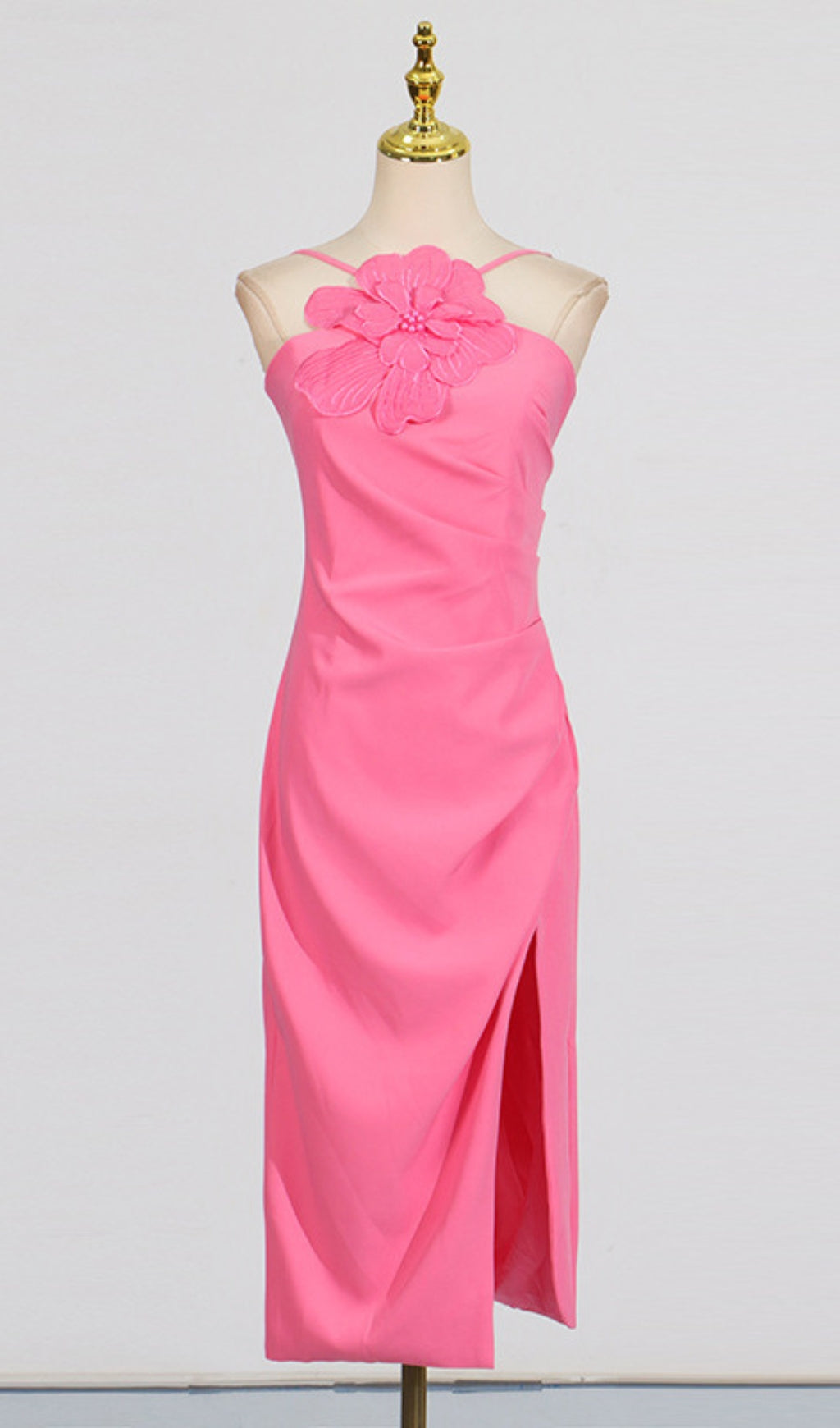 Darva Hot Pink 3D Floral Halter Midi Dress