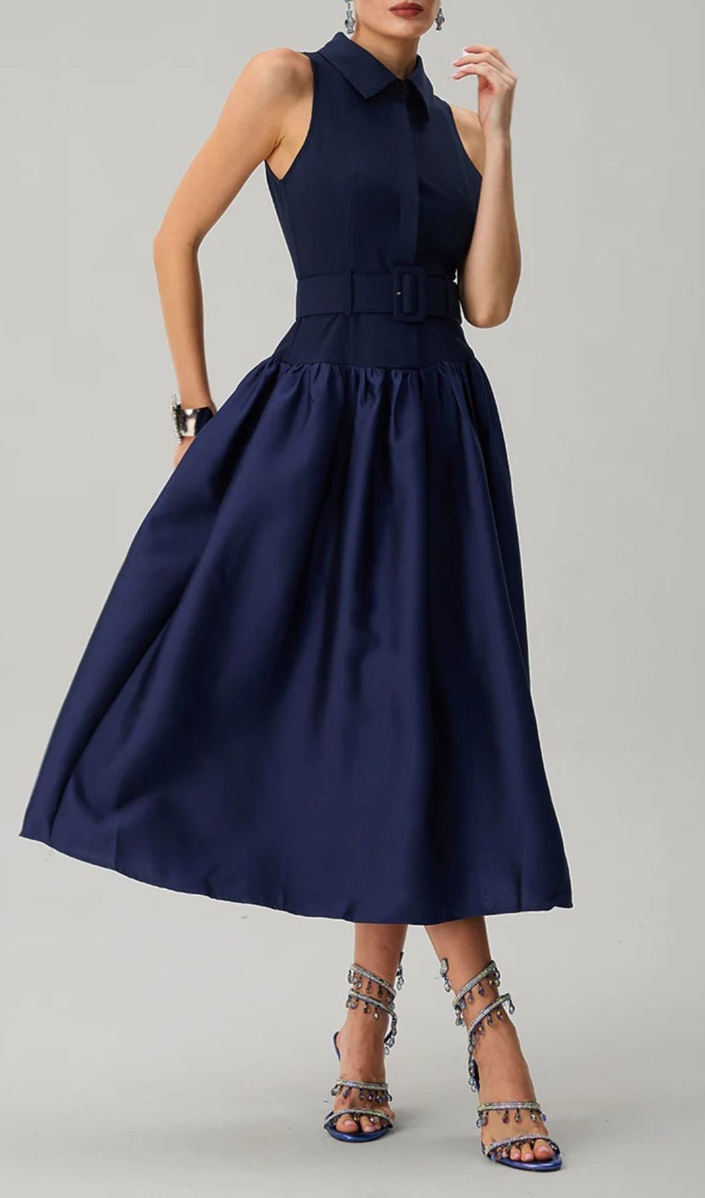 Jovisonic Chic Navy Belted Midi Dress