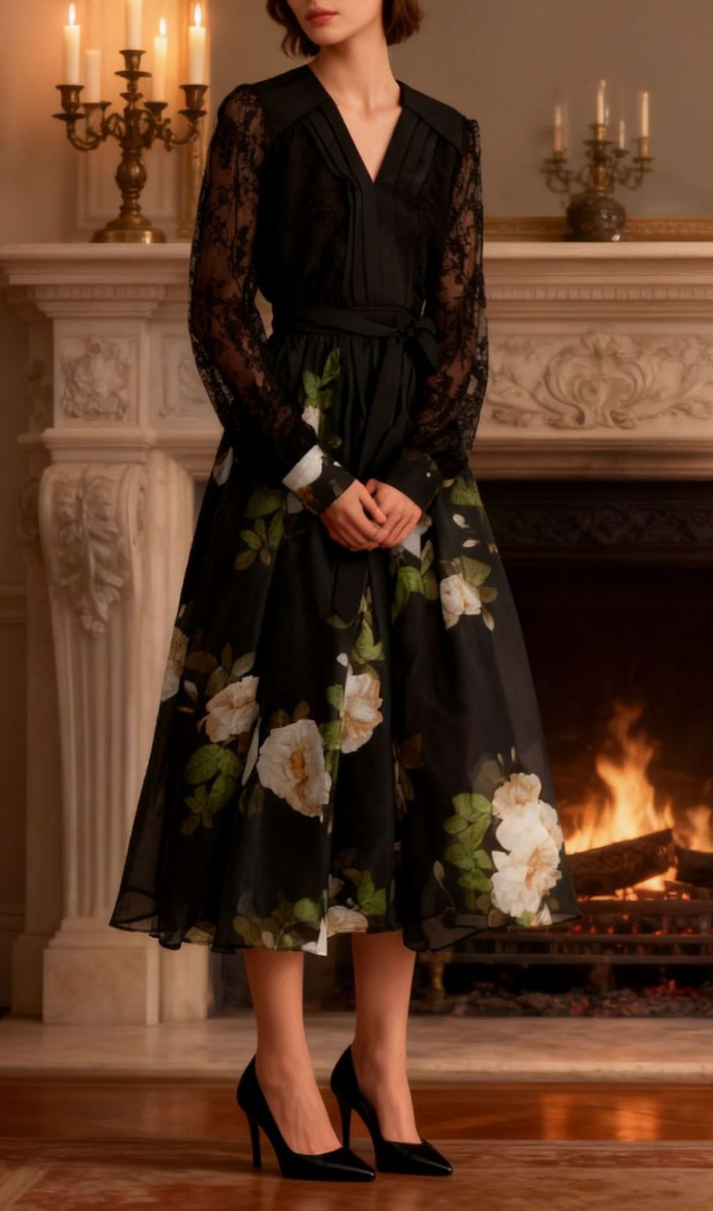 Isaye Elegant Black Floral Lace Midi Dress