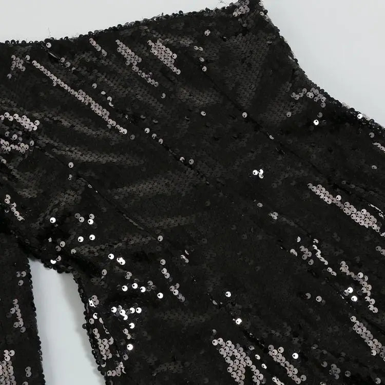 Dazzling Black Sequin One-Shoulder Feather Mini Dress