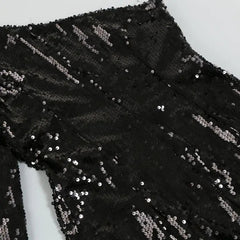 Dazzling Black Sequin One-Shoulder Feather Mini Dress