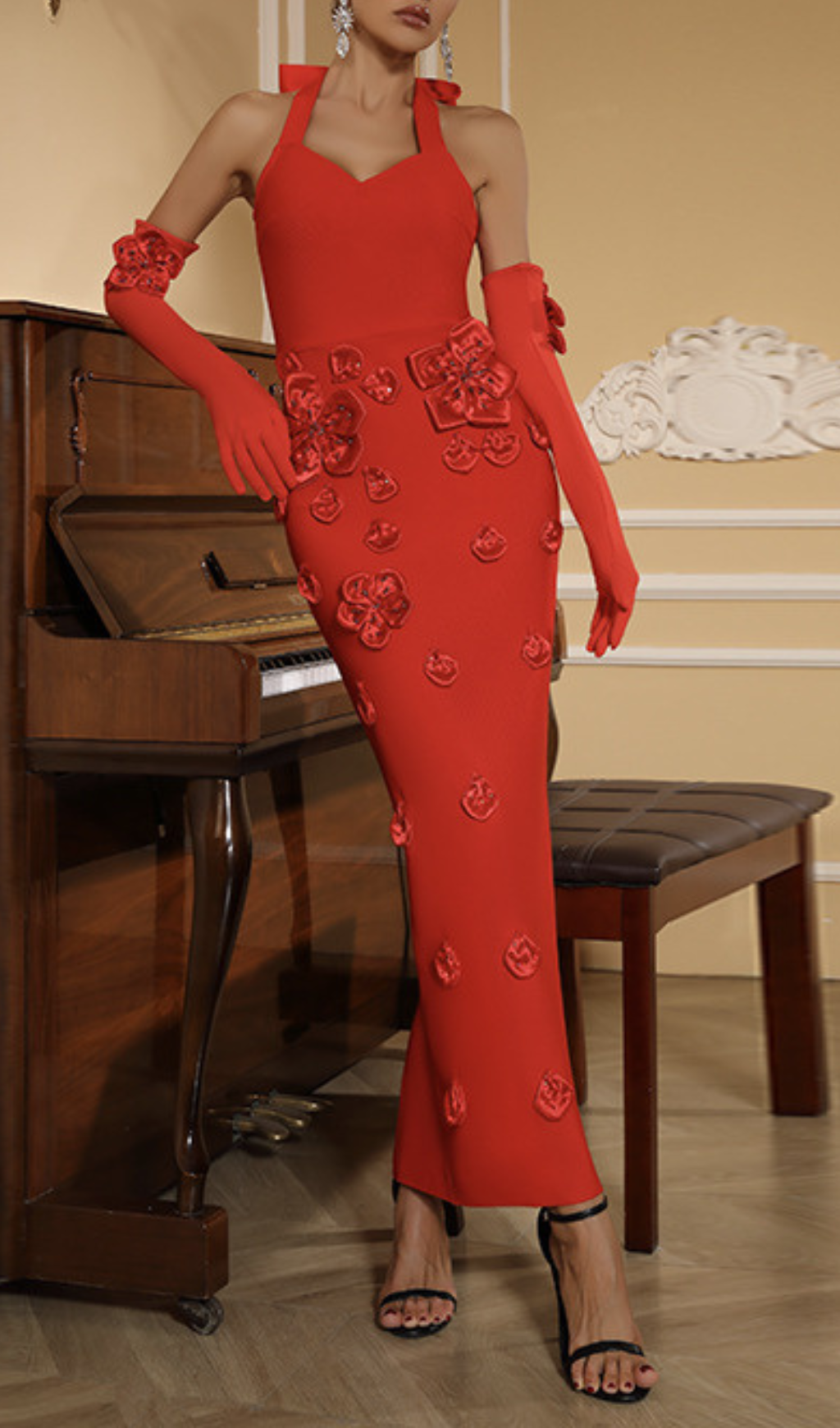 Galaxy Red Halter Gown with 3D Floral Appliques & Elegant Opera Gloves