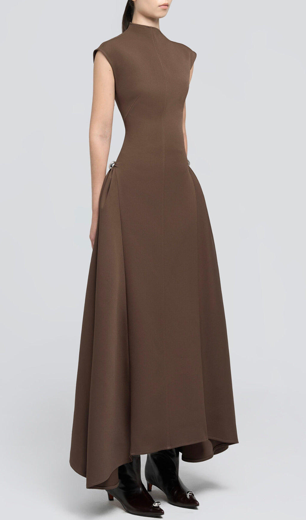 Sophisticated Brown A-Line Maxi Dress with Unique Asymmetric Neck & Side Hardware