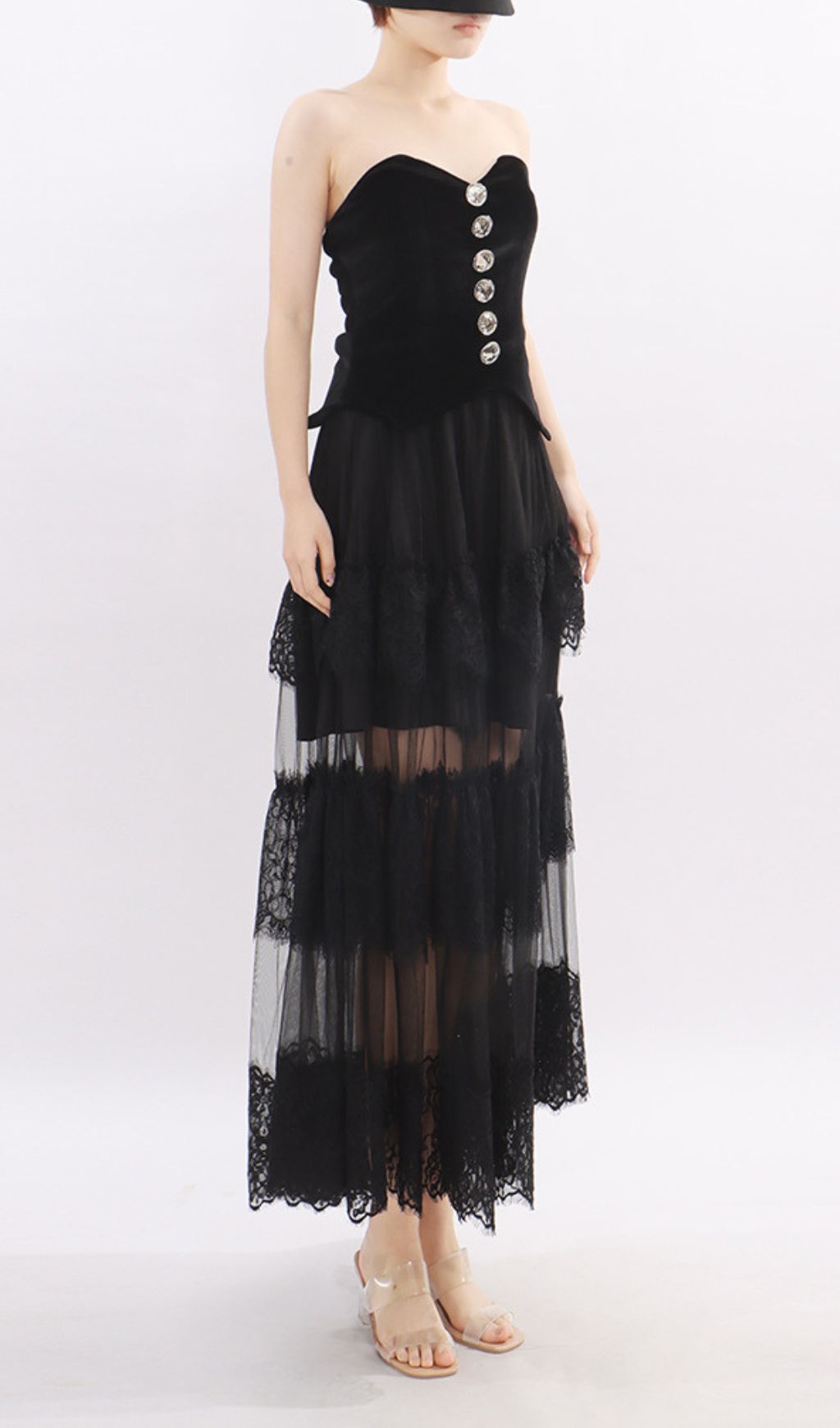 Kaliyah Black Strapless Sweetheart Velvet & Sheer Lace Maxi Dress