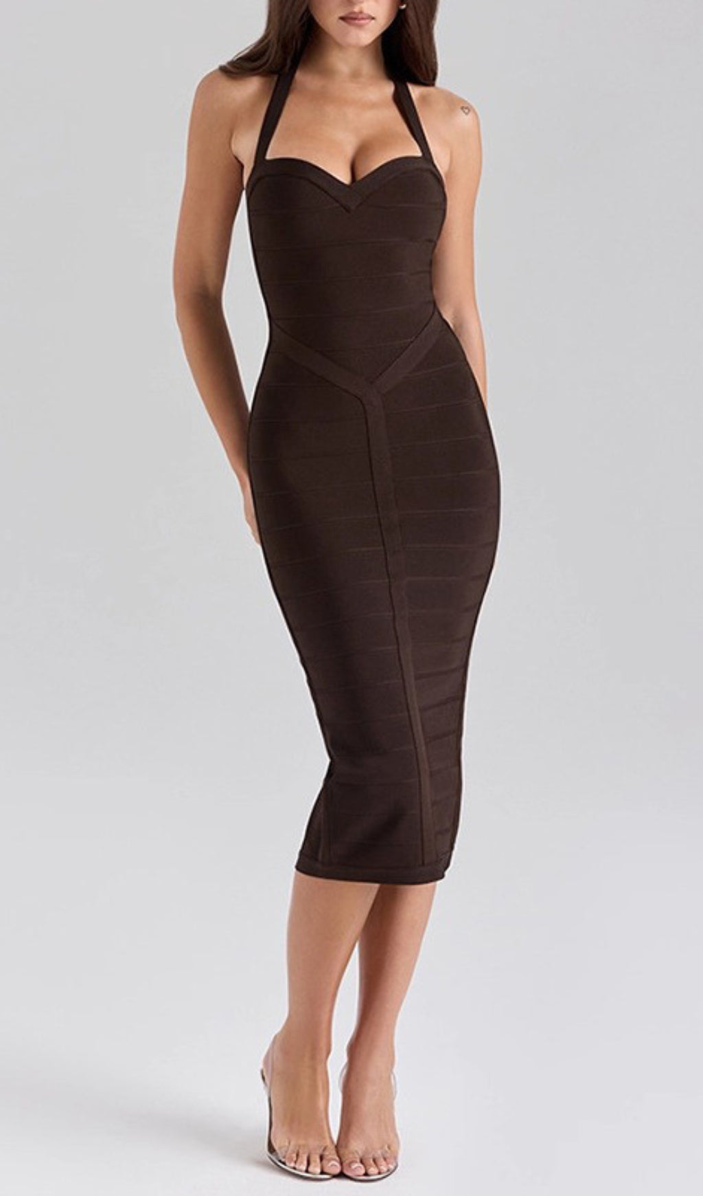 Garry Coffee Halter Bandage Midi Dress
