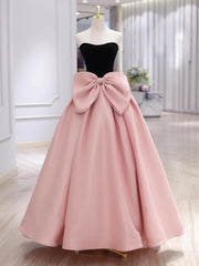 Pink and Black Scoop A-line Prom Dress with Bow