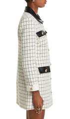 Luxe Windowpane Boucl Mini Dress with Leather Trim & Gold Buttons