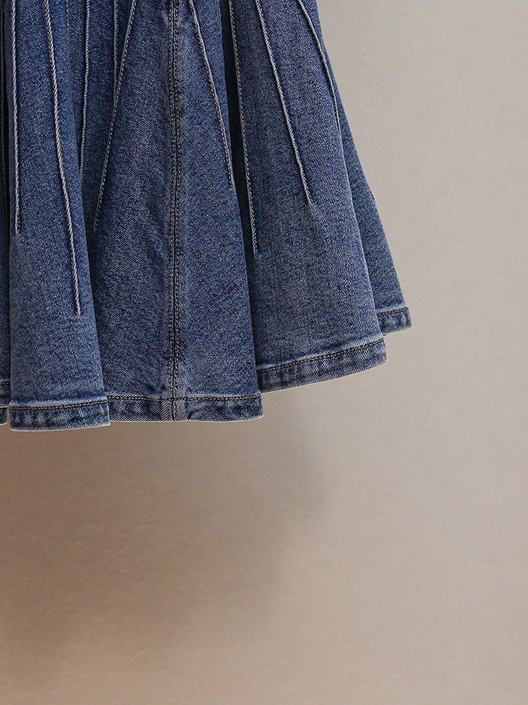 Havika Women's Embellished Sailor Collar Denim Mini Dress with Pleated Skirt