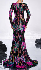 Dazzling Carman Vibrant Floral Sequin Long Sleeve Gown