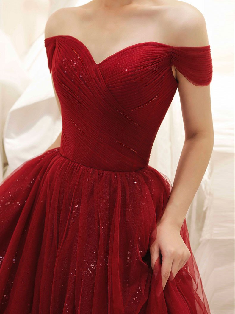 Glam Wine Red Sweetheart Tulle Shiny Long Prom Dress Party Dress