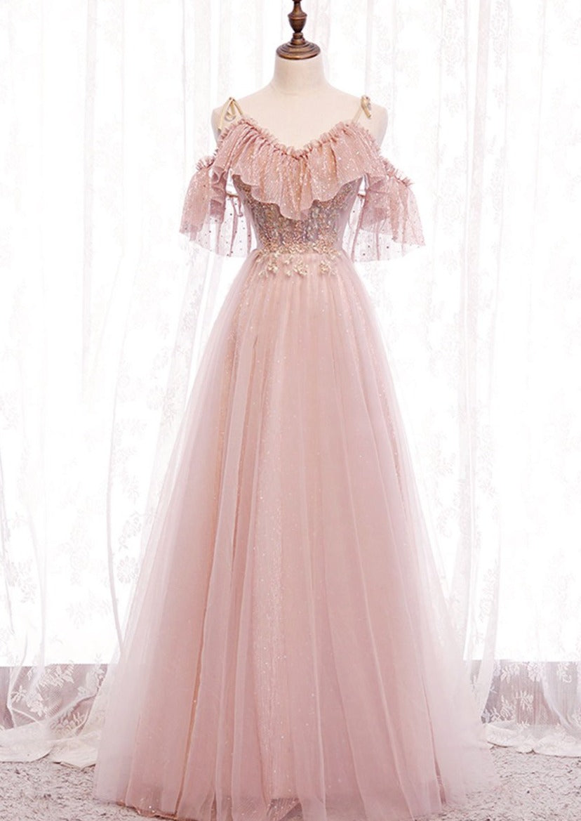 Vestido de fiesta largo rosa con escote en V, encaje y hombros descubiertos