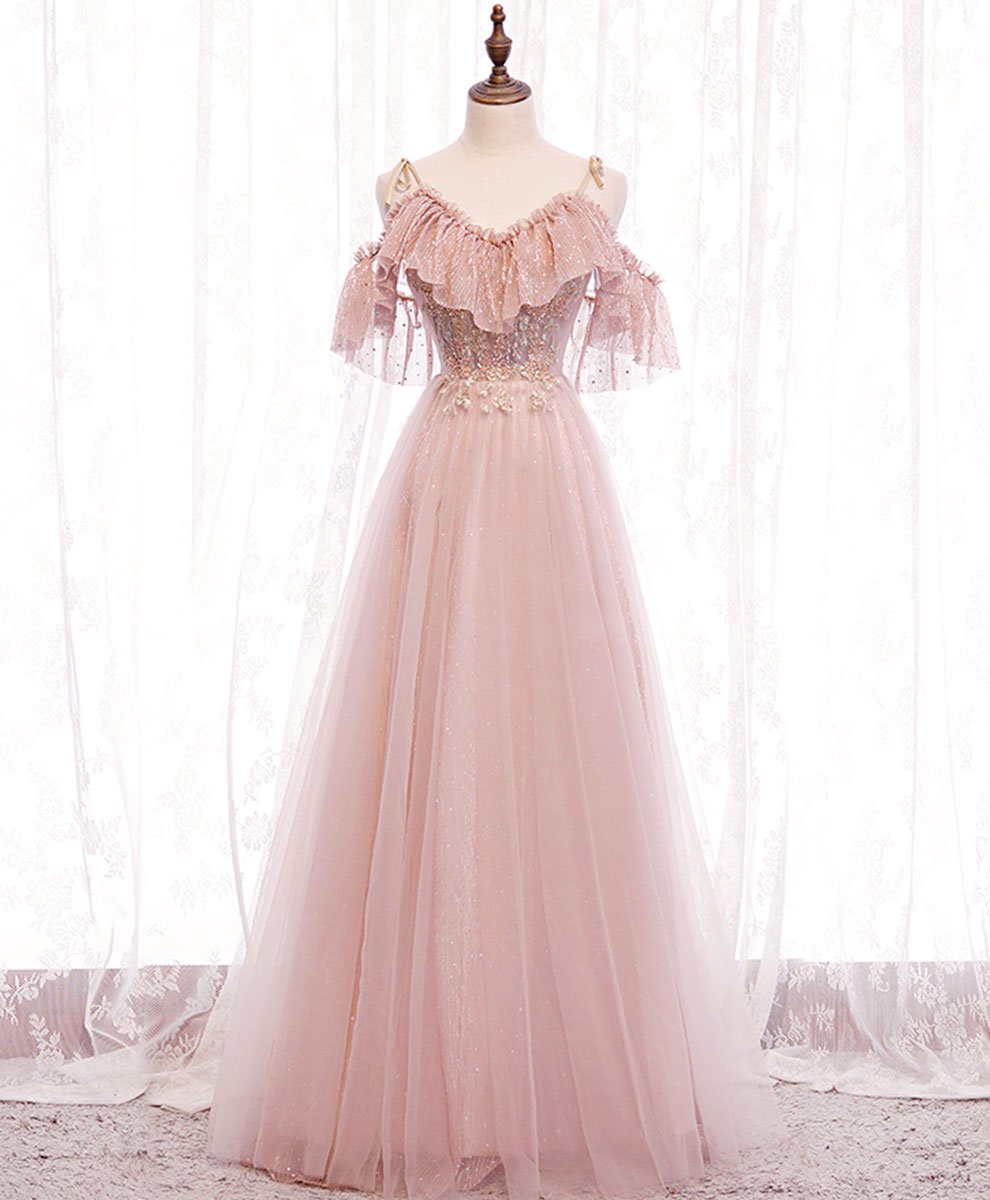 Vestido de fiesta largo rosa con escote en V, encaje y hombros descubiertos