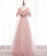 Vestido de fiesta largo rosa con escote en V, encaje y hombros descubiertos