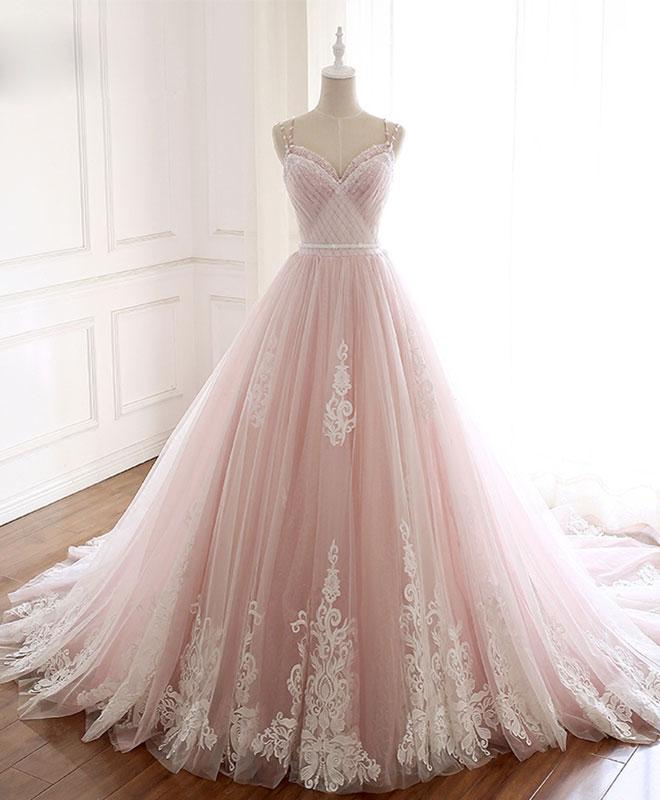 Vestido formal estilo princesa con tirantes de tul rosa glamuroso 