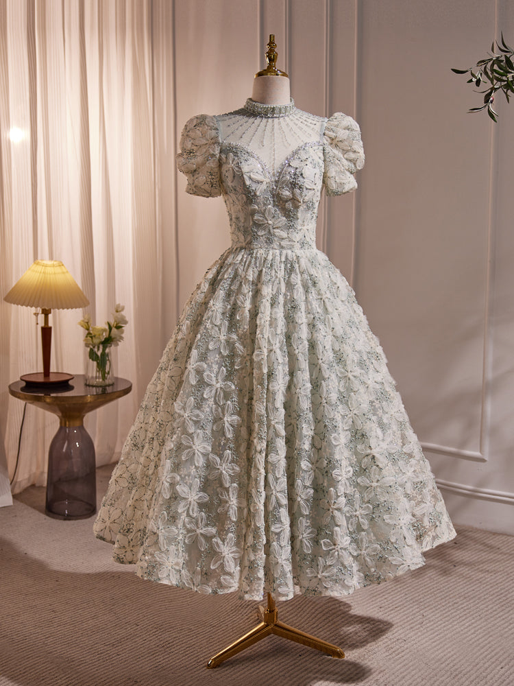 Vestido de fiesta de encaje, manga corta, con cuentas y largo hasta la rodilla 