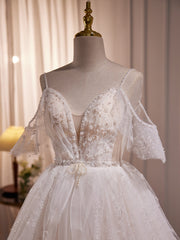 Vestido largo de fiesta de boda de tul con cuentas color marfil y corte A 