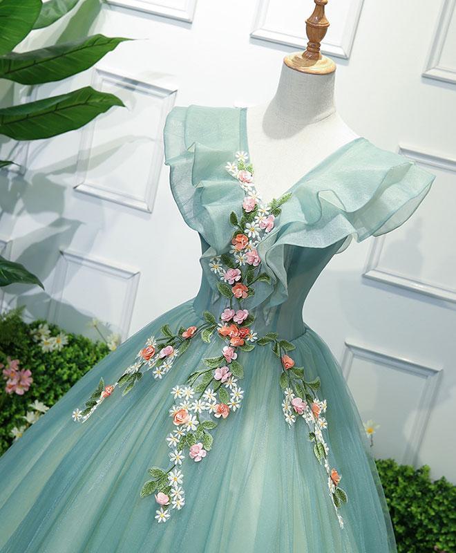 Hermoso vestido largo de tul verde con apliques de encaje para dulces 16 