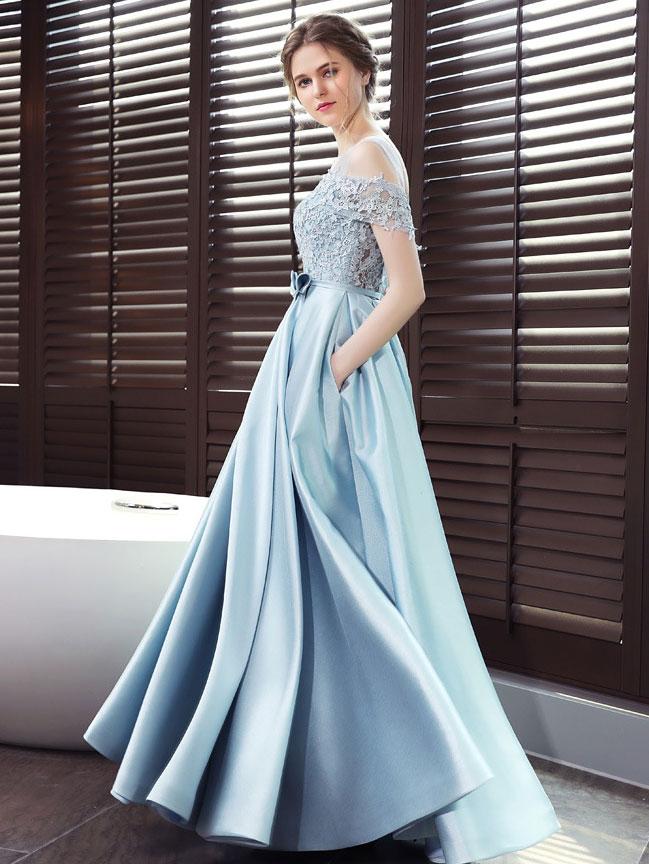 Blue Satin A-line Lace Off Shoulder Floor Length Party Dress
