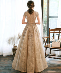 Champagne Lace High Low Short Sleeves Prom Dress