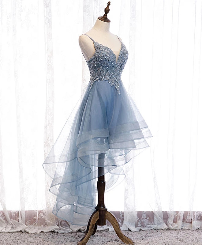 Blue High Low Tulle V-neckline Straps Party Dress with Lace