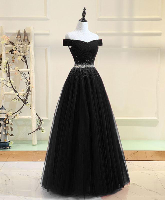 Vestido de fiesta de tul negro con hombros descubiertos y cuentas 