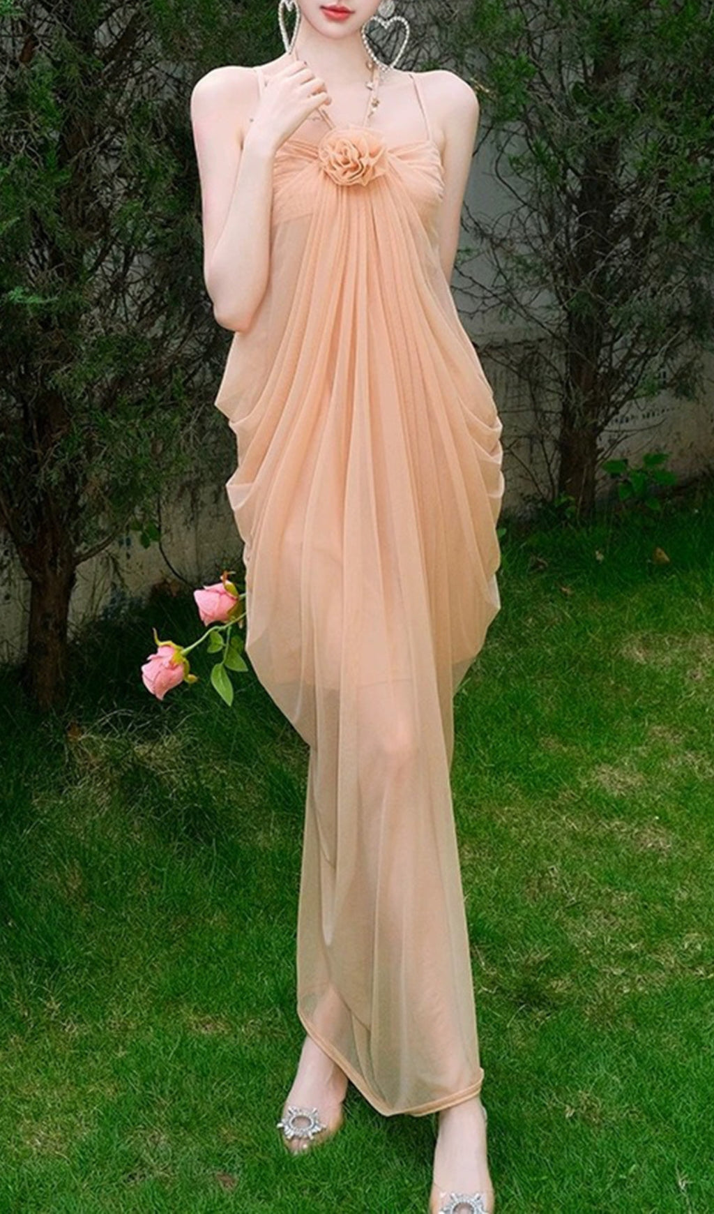 Daveed Romantic Nude Mesh Maxi Dress with 3D Floral Appliqu