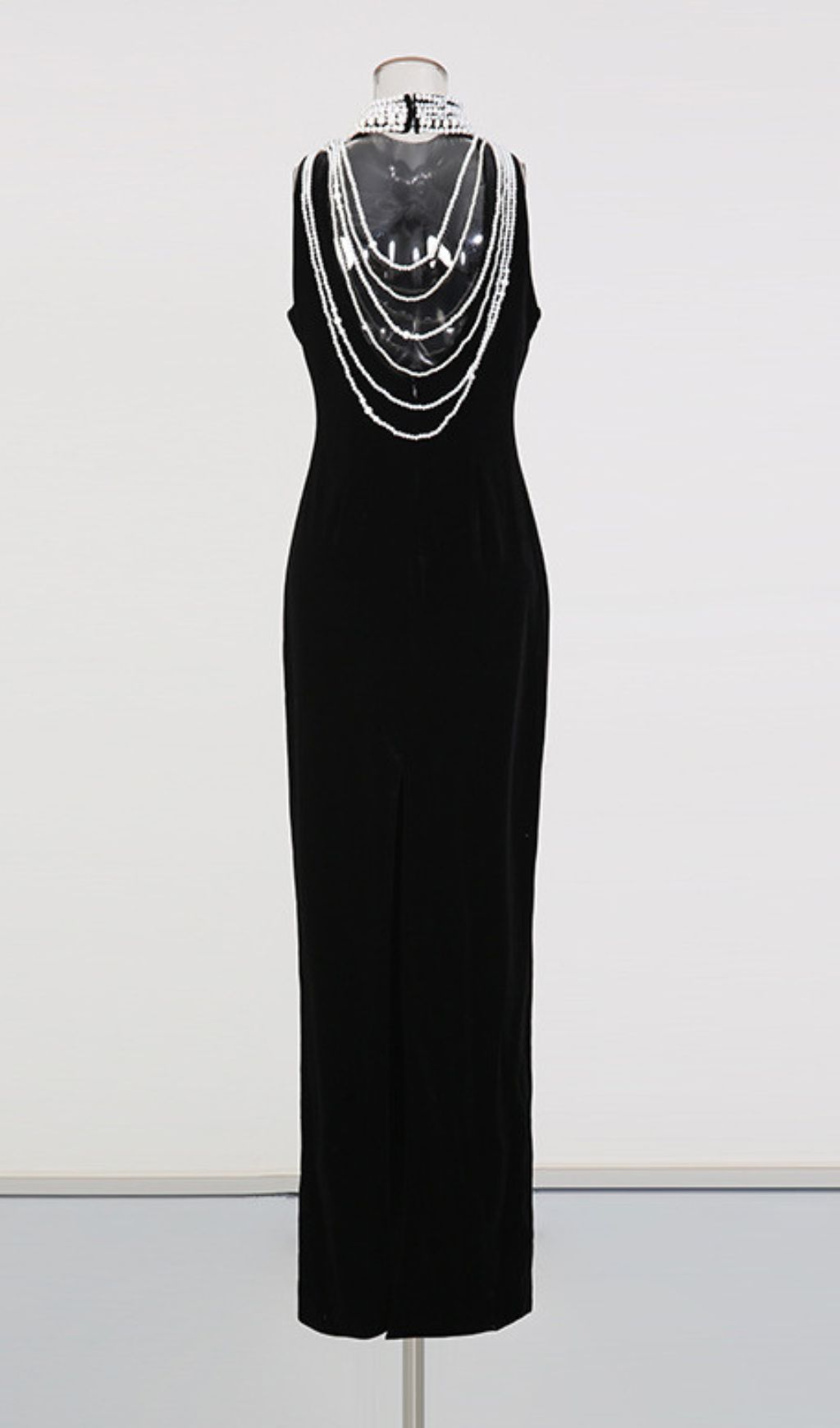Jovana Black Velvet Pearl Collar Backless Maxi Dress