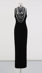 Jovana Black Velvet Pearl Collar Backless Maxi Dress