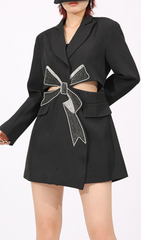Farida Black Long Sleeve Diamante Bow Cut-Out Mini Blazer Dress