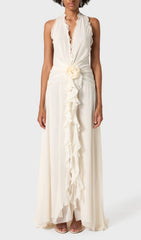 Elegant Ivory Halter Maxi Dress with 3D Floral & Ruffle Detail
