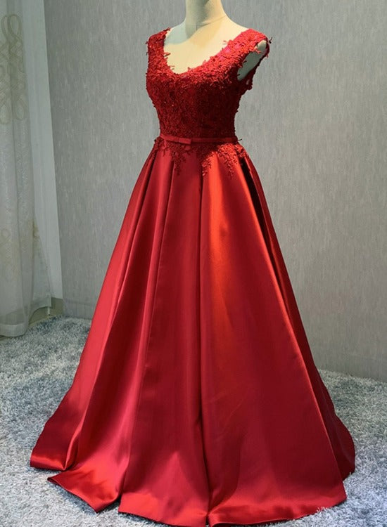 Red Satin V-neckline Floor Length Prom Dress