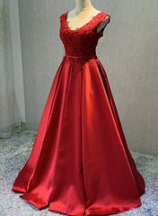 Red Satin V-neckline Floor Length Prom Dress