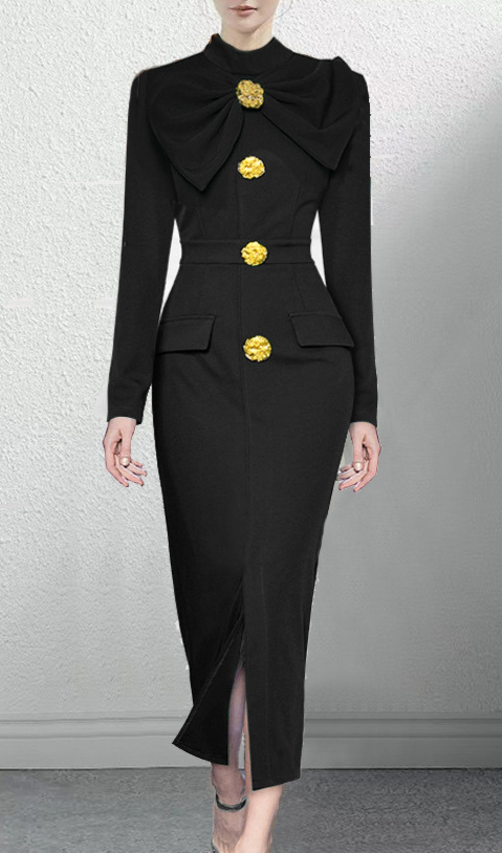 Akiyoshi Elegant Black Bow-Neck Midi Dress with Golden Floral Buttons