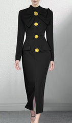 Akiyoshi Elegant Black Bow-Neck Midi Dress with Golden Floral Buttons