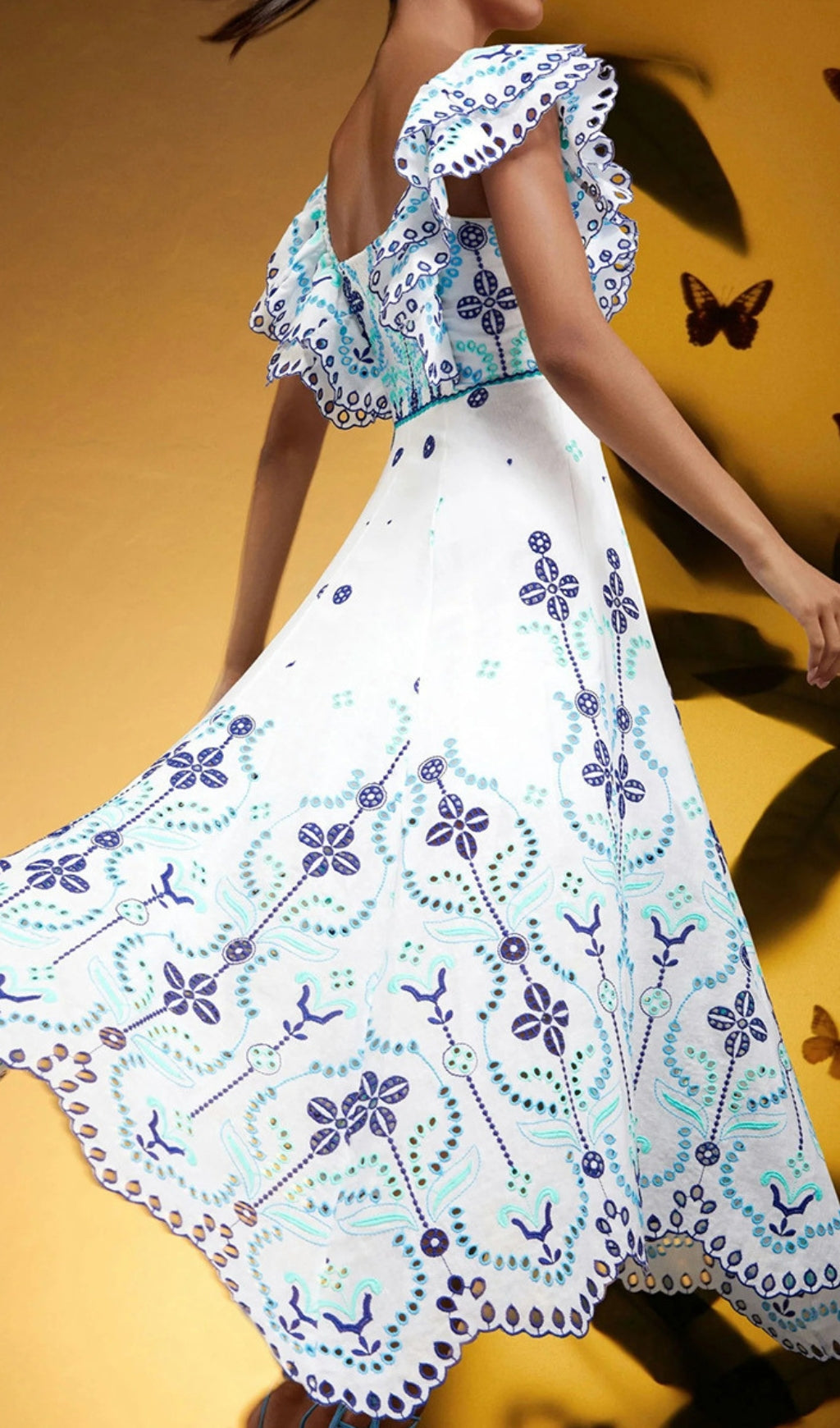 Bonnie Embroidered Ruffle Off-Shoulder Midi Dress