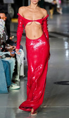 Crimson Sequin Cut-Out Maxi Dress