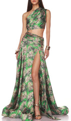Evelien Green Tropical Print One-Shoulder Crop Top & Skirt Set