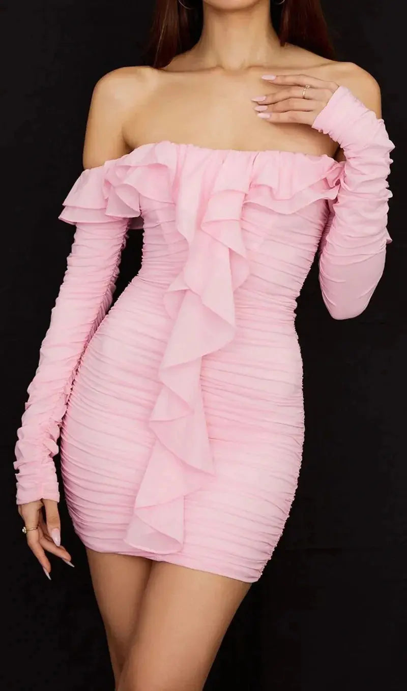 Flirty Pink Ruffled Off-Shoulder Ruched Mini Dress