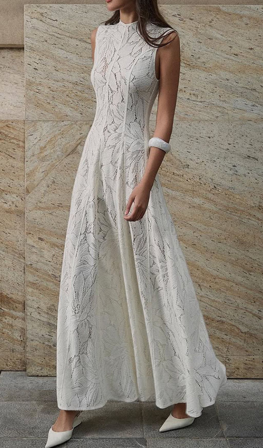 Flo White Leaves Embroidered Lace Maxi Dress