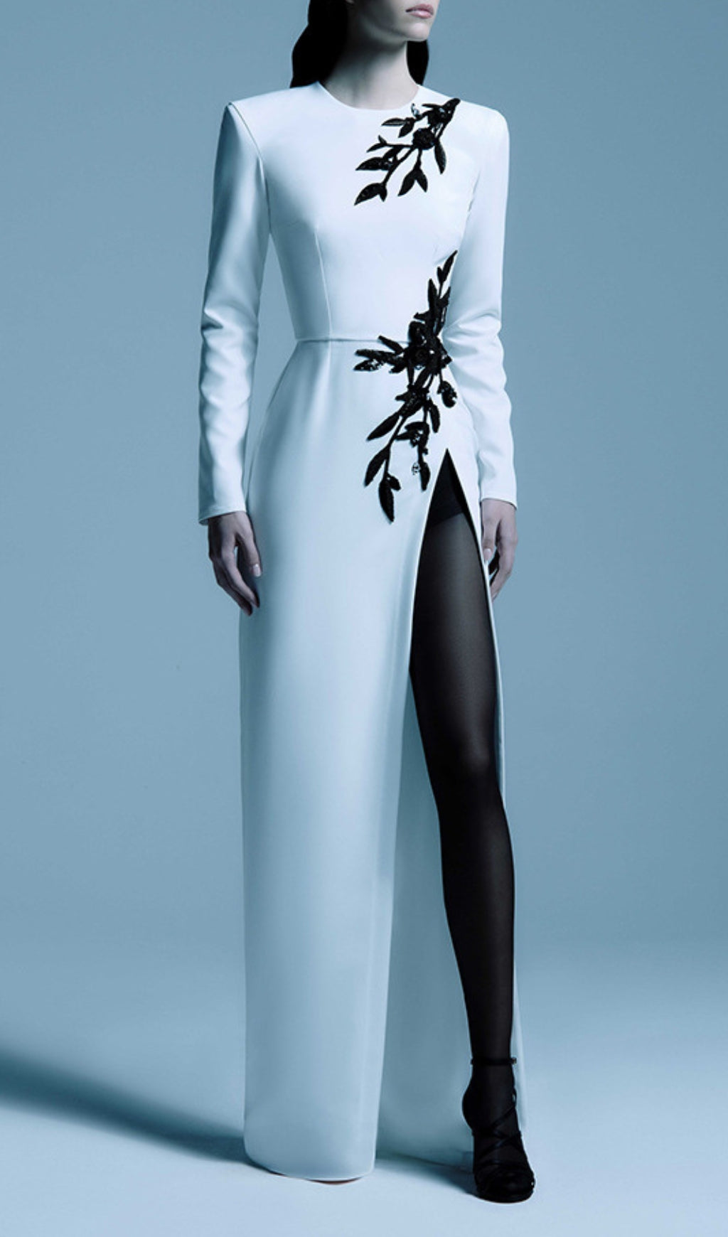 Graeme Luxe White Beaded Floral Maxi Gown with High Slit