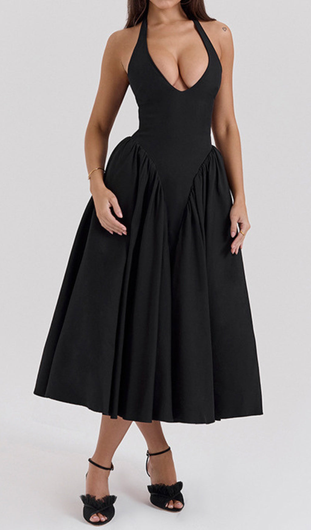 Dierdra Black Halter Deep V-Neck Midi Dress