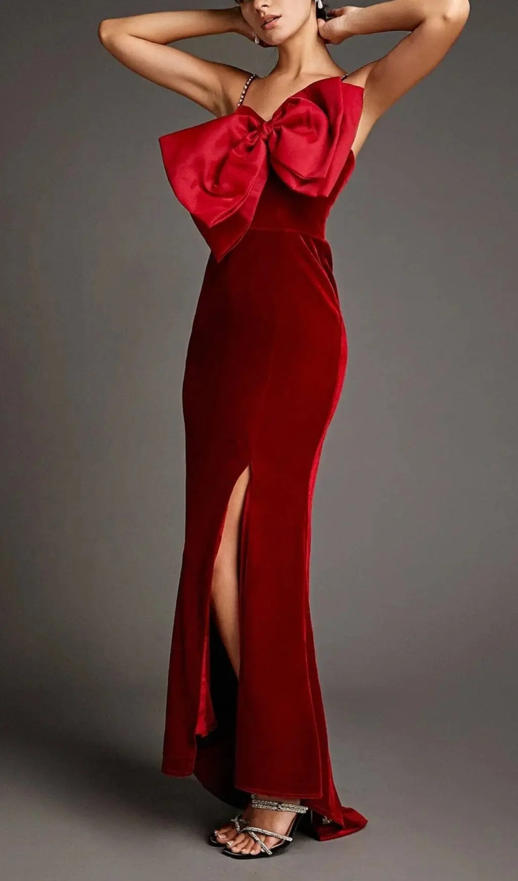 Luxurious Dark Red Velvet-Look Bow Mermaid Maxi Dress with Seductive Slit