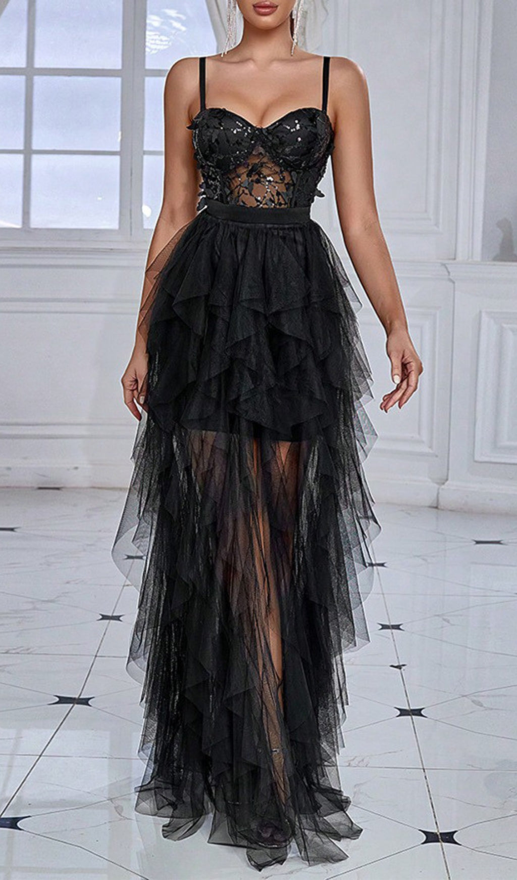 Curie Black Butterfly Sequin Mesh High-Low Maxi Dress