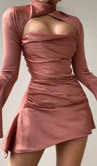 Elegant Rose Pink Satin Draped Mini Dress
