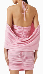 Rose Pink Floral Halter Ruched Mini Dress
