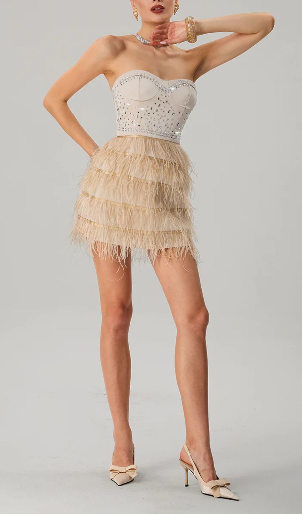 Jagtopa Strapless Rhinestone Feather Fringe Mini Dress
